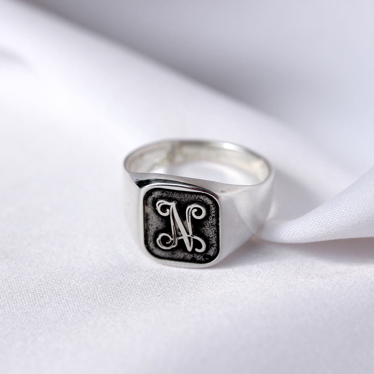 Sterling Silver Script Monogram Square Signet Ring Size M - Z+1
