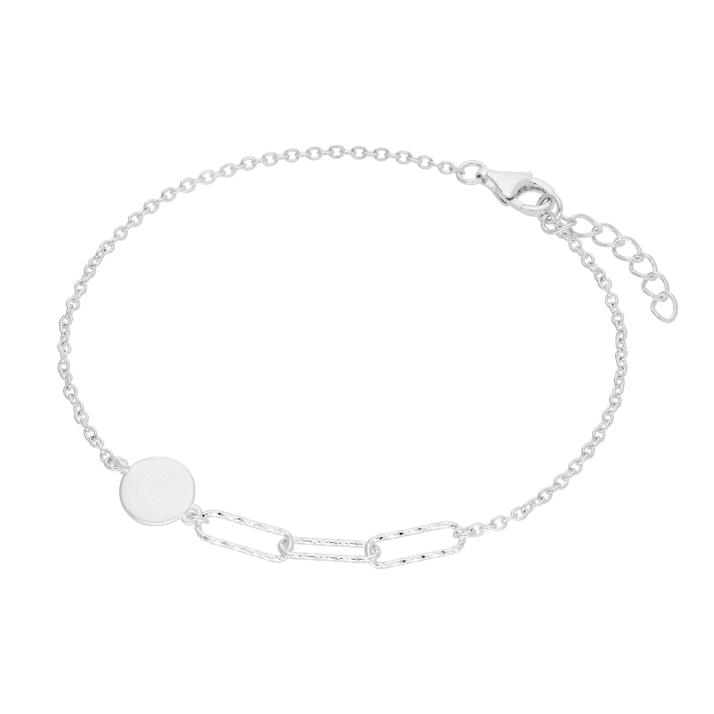 Sterling Silver Brushed Engravable Disc Long Link Bracelet