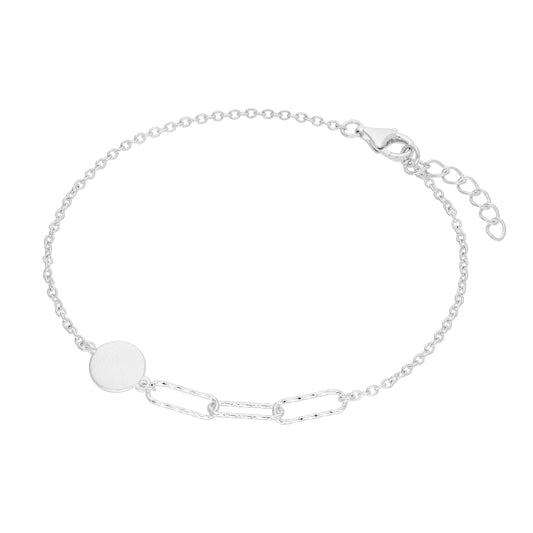 Sterling Silver Brushed Engravable Disc Long Link Bracelet