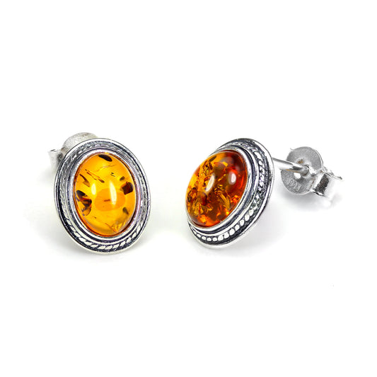 Sterling Silver & Baltic Amber Oval Stud Earrings