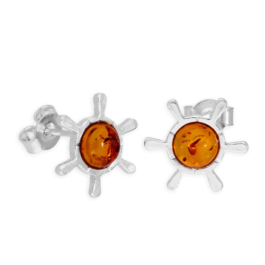 Sterling Silver & Baltic Amber Ship's Wheel Stud Earrings