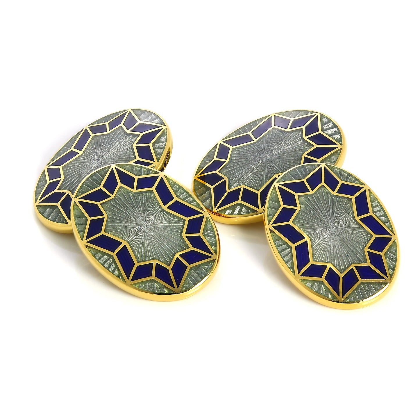 9ct Gold Blue & Green Enamel Star Burst Double Sided Chain Oval Cufflinks