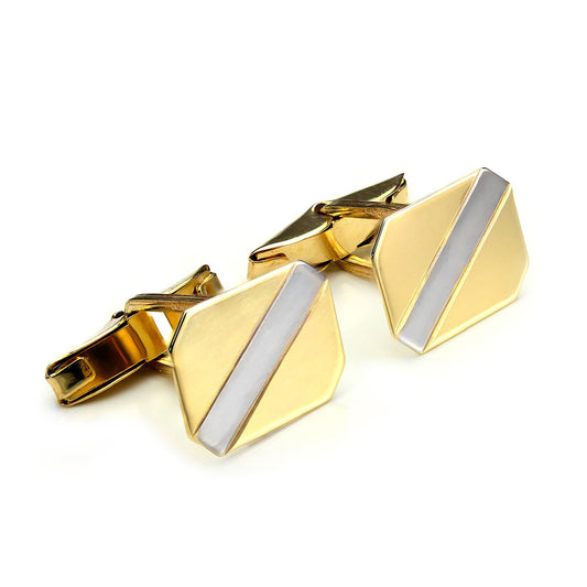 9ct Gold Rectangular Swivel Back Cufflinks with White Gold Diagonal Stripe