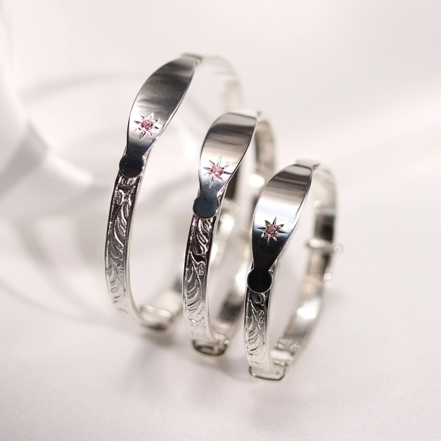 Sterling Silver Engravable Expandable Baby Bangle with Pink CZ Crystal