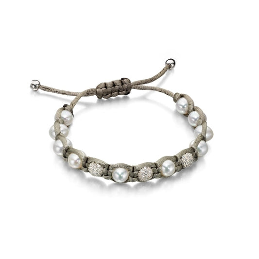 Grey Cord Bracelet with Pearls and Sterling Silver Beads