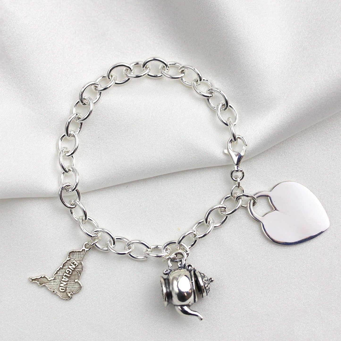 Sterling Silver 7 Inch Charm Bracelet with Large Engravable Heart Tag