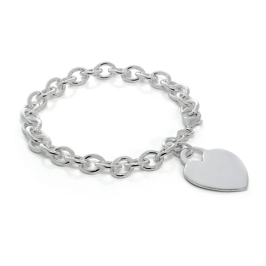 Sterling Silver 7 Inch Charm Bracelet with Large Engravable Heart Tag