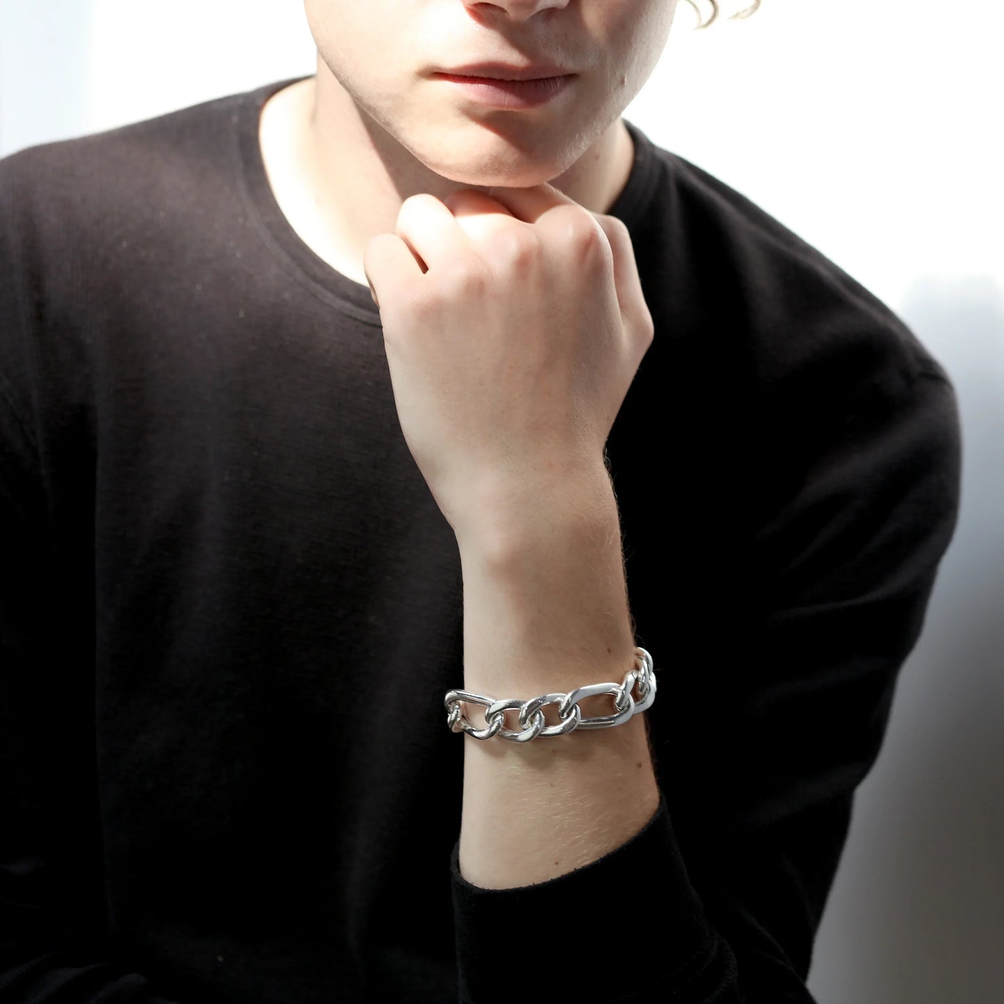 Sterling Silver Mens Thick Heavy 8 Inch Hollow Chain Bracelet w Engravable Clasp