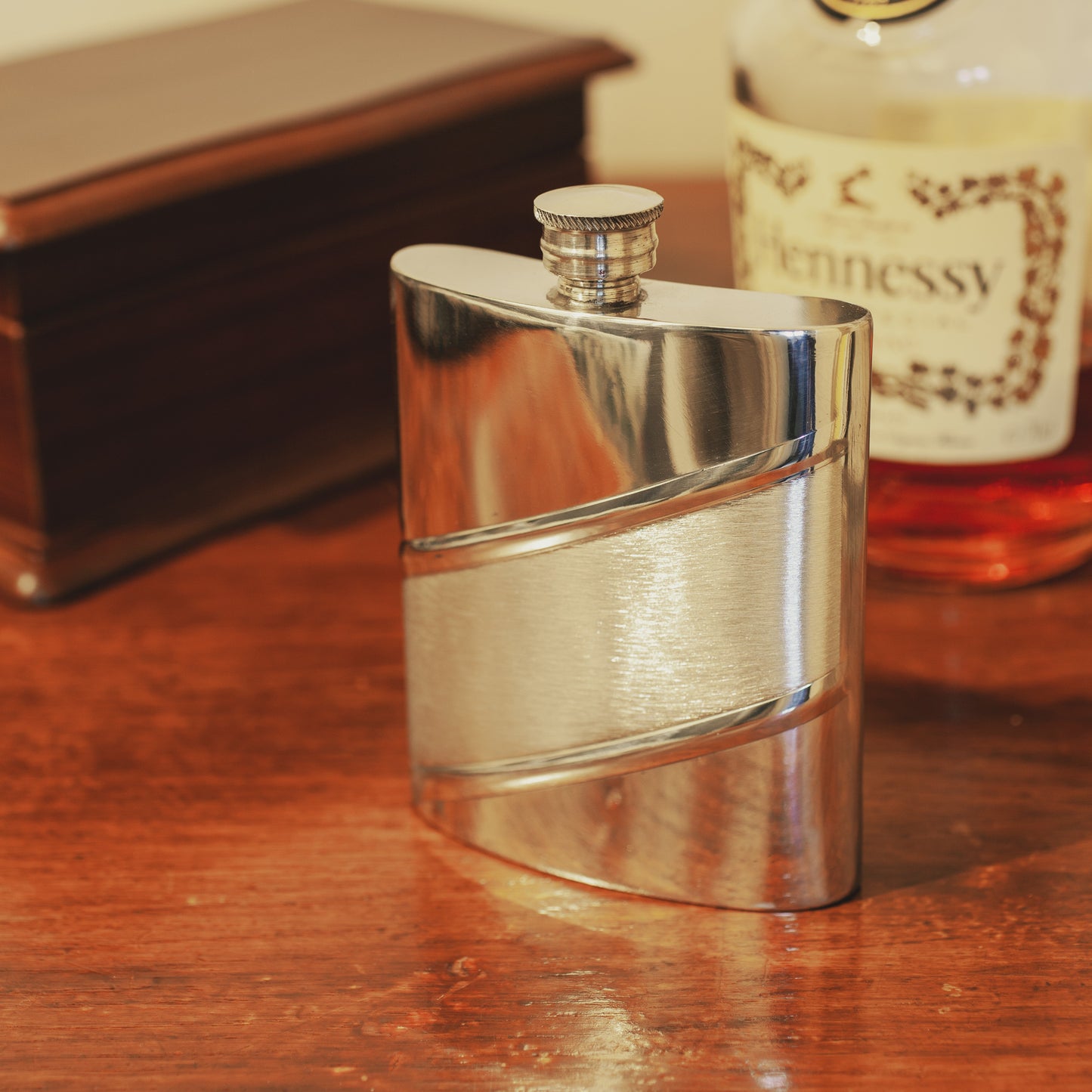 6oz Handmade Pewter Hip Flask with Diagonal Satin Band