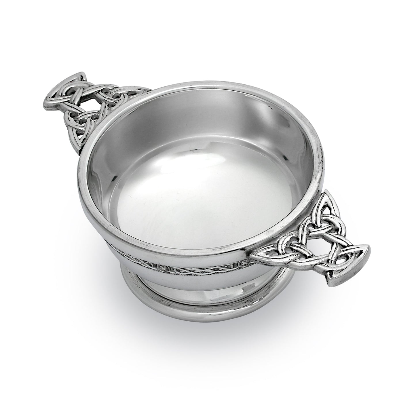 3.5 Handmade Pewter Quaich with Celtic Knot Handles & Band
