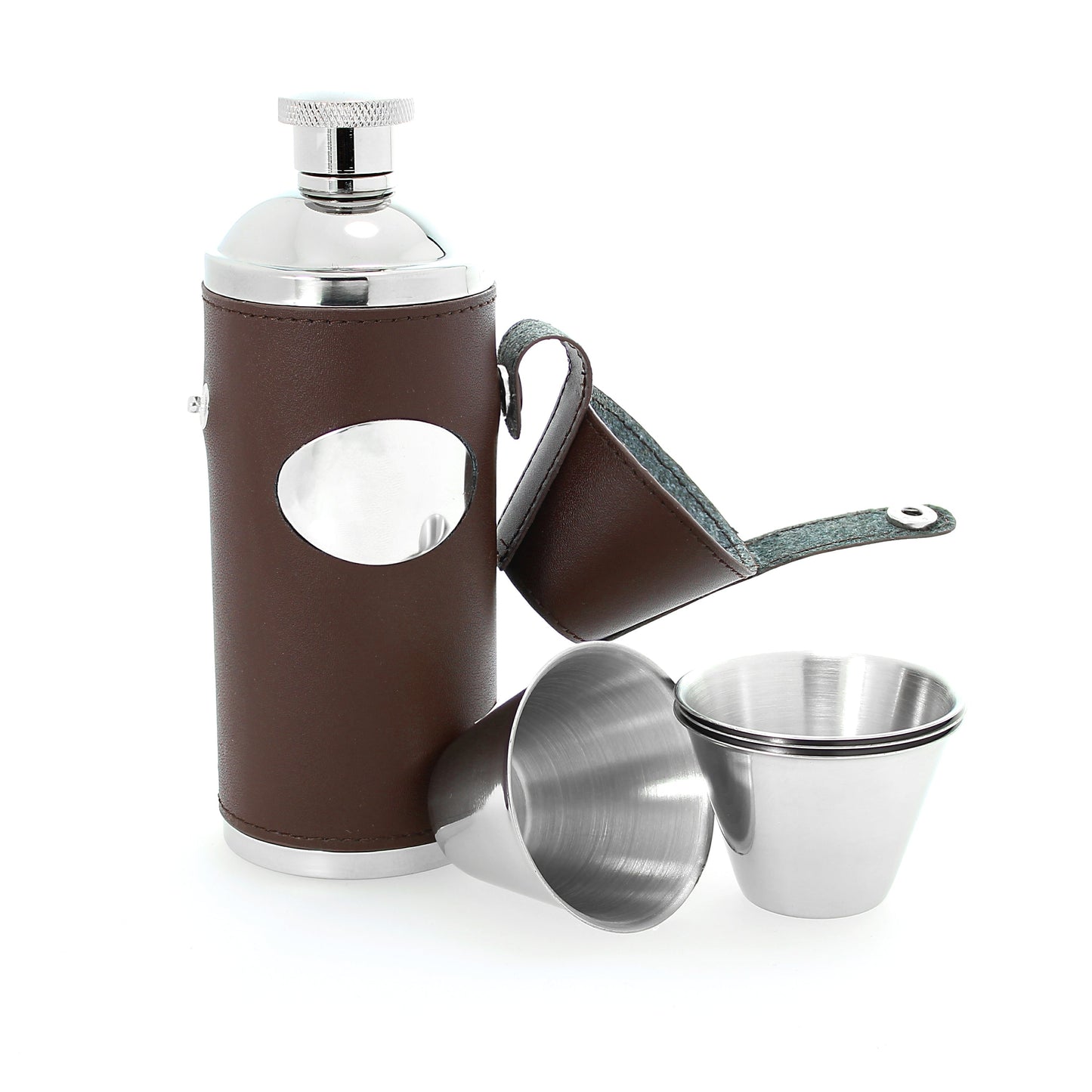 8oz Brown Leather & Stainless Steel Hip Flask with Engraving Plate Personalised