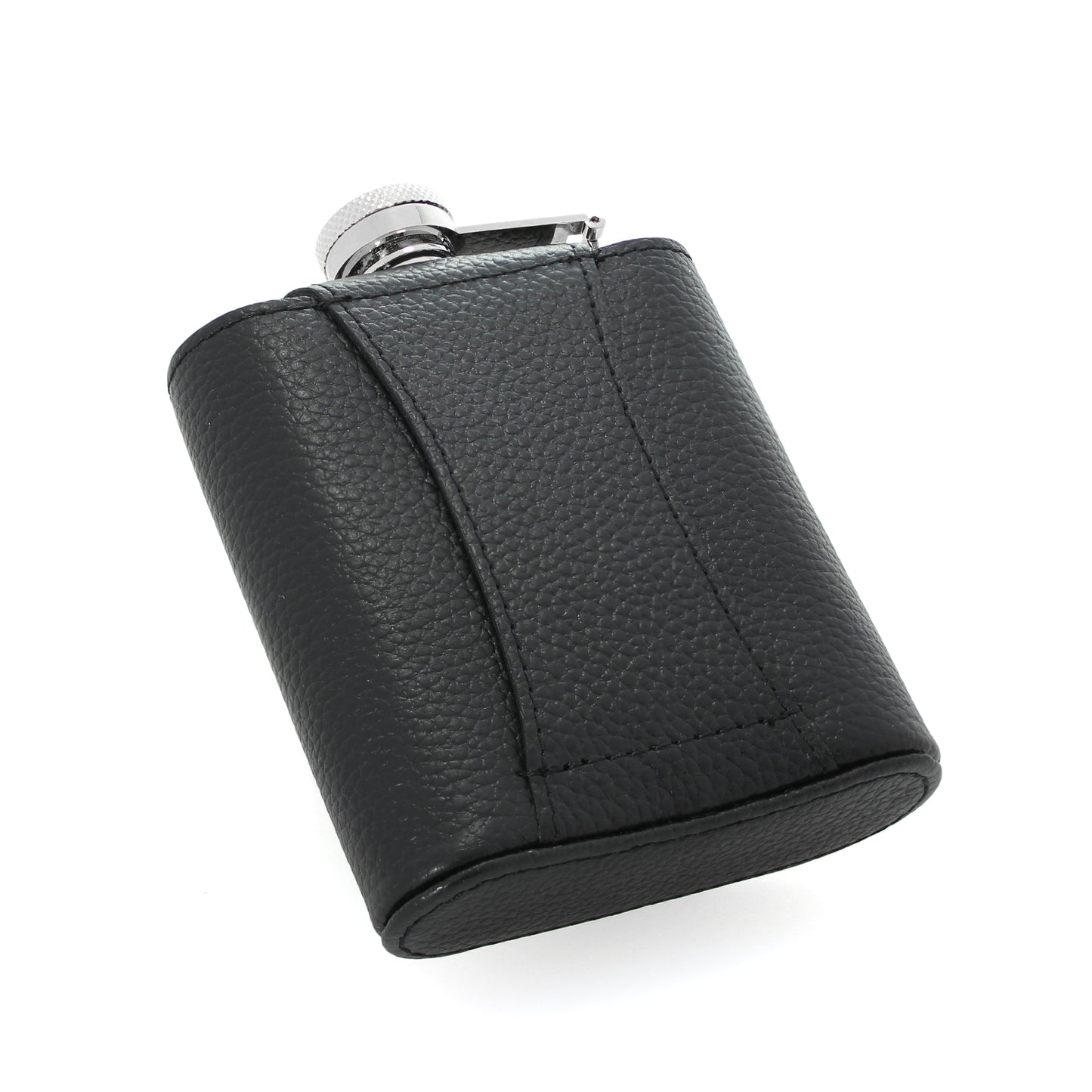 6oz Black Leather & Stainless Steel Captive Top Hip Flask w Stainless Steel Funnel