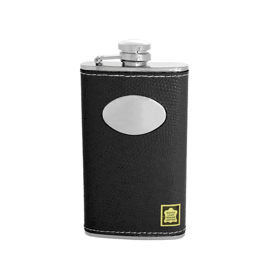 4oz Stainless Steel & Genuine Black Leather Engravable Hip Flask w Funnel