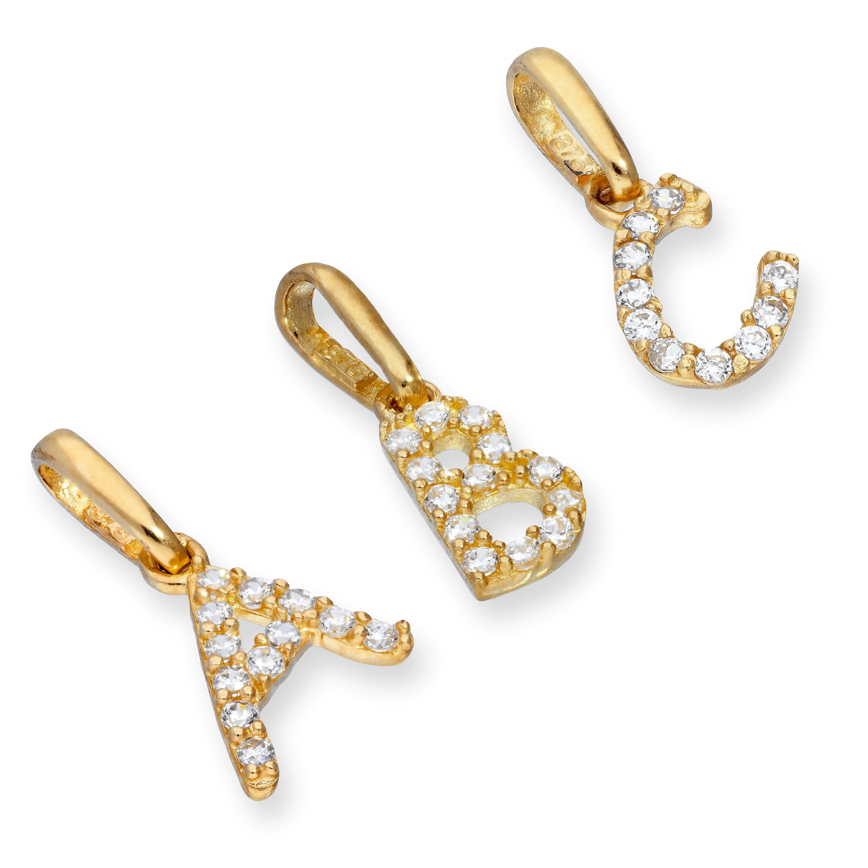 9ct Gold & Clear CZ Crystal Hanging Script Alphabet Letter Charm A-Z ...