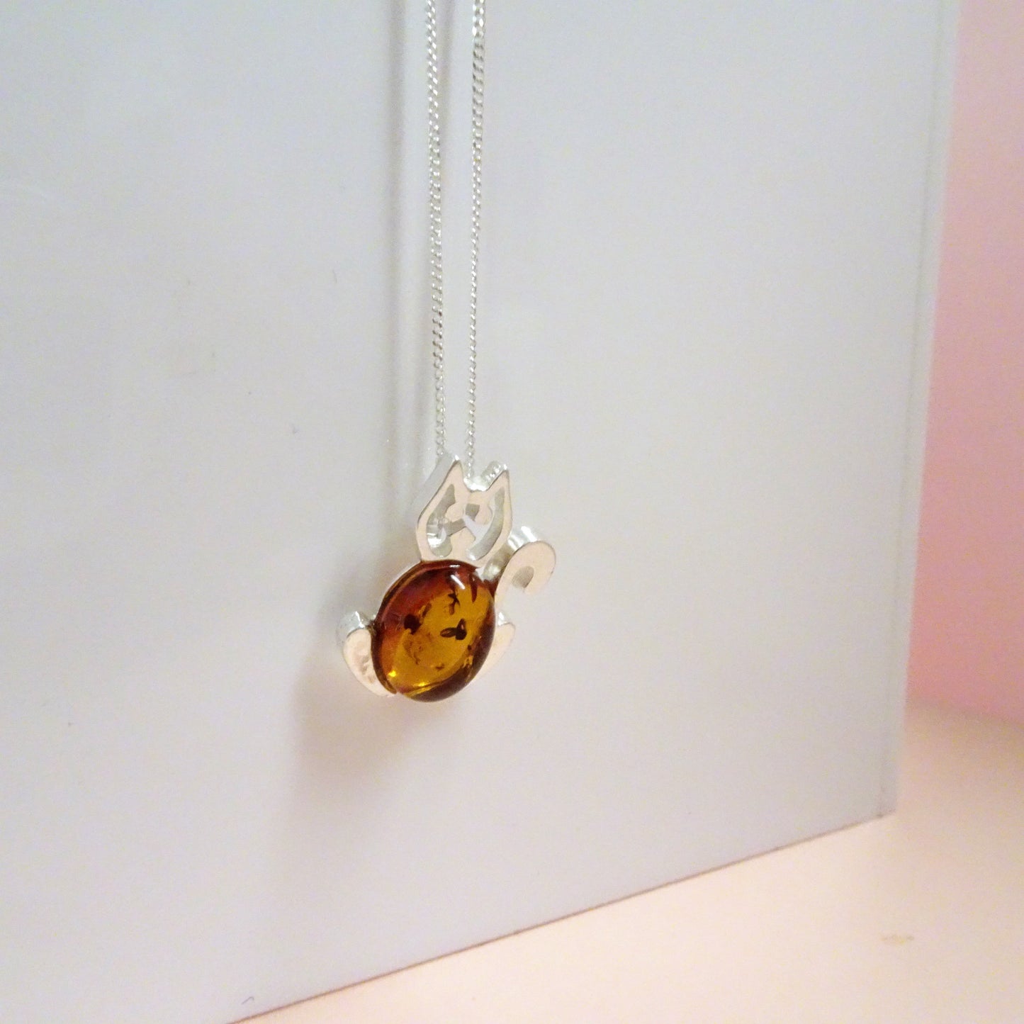 Sterling Silver & Baltic Amber Cat Outline Necklace 16-18 Inch Chain
