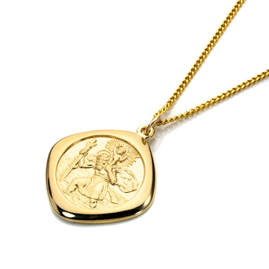 Gold Large Reversible Square Saint Christopher Pendant Necklace 16 - 18 Inches