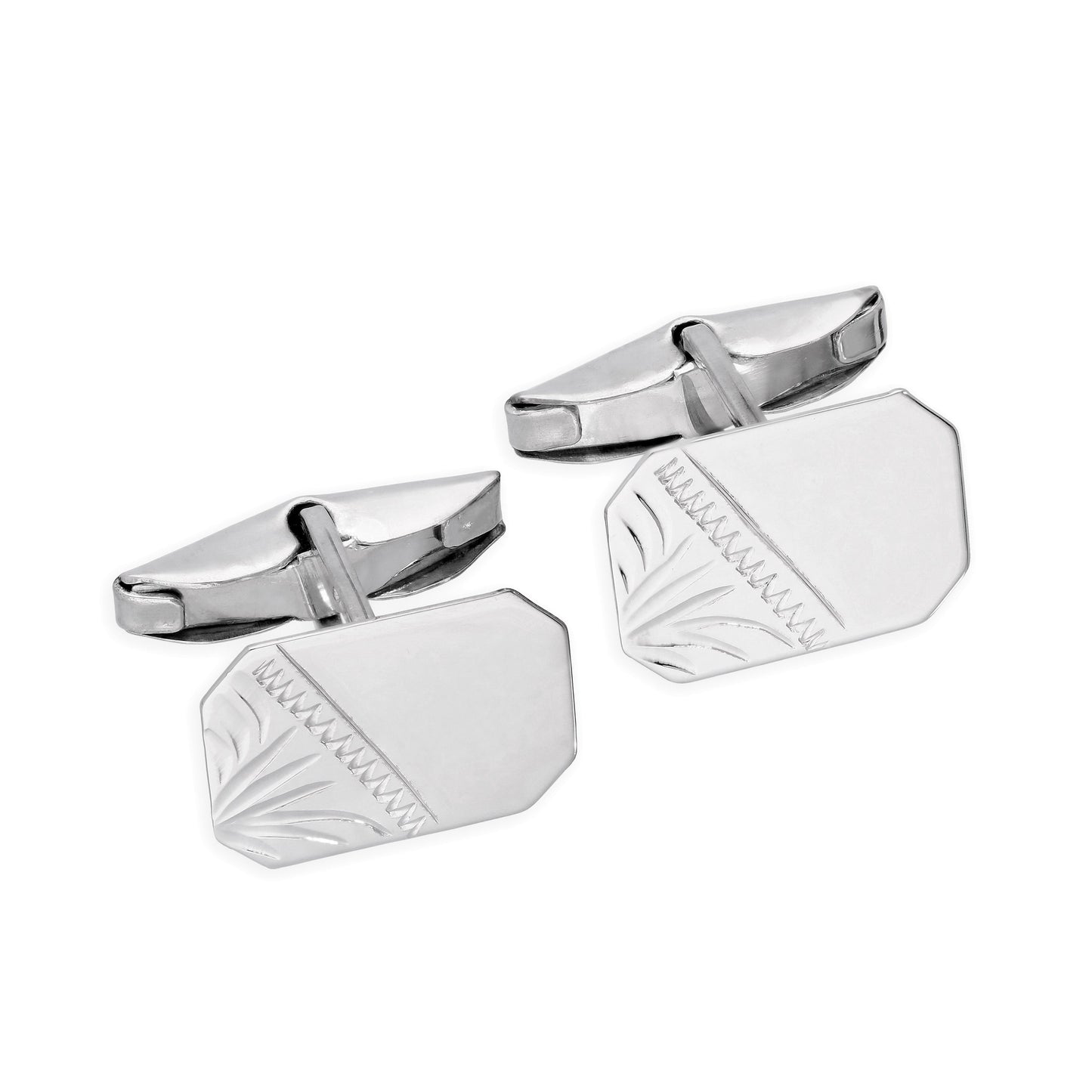 9ct White Gold Engraved Octagonal Swivel Back Cufflinks