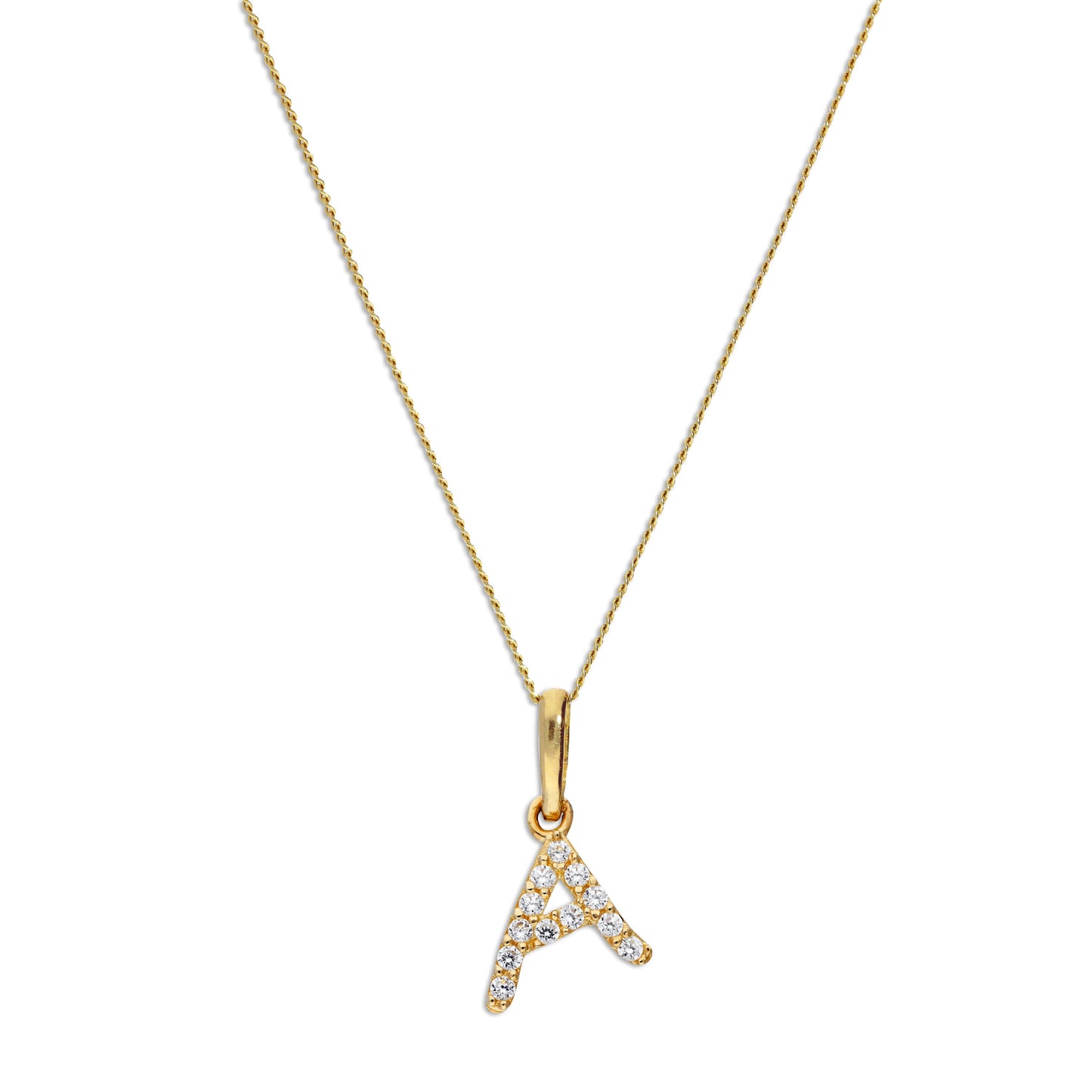 9ct Gold & Clear CZ Crystal Script Alphabet Letter A Necklace 16 - 20 Inches
