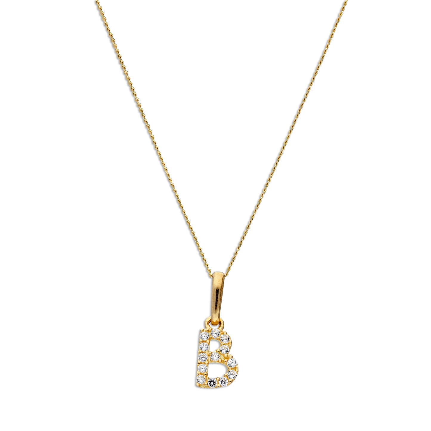 9ct Gold & Clear CZ Crystal Script Alphabet Letter B Necklace 16 - 20 Inches