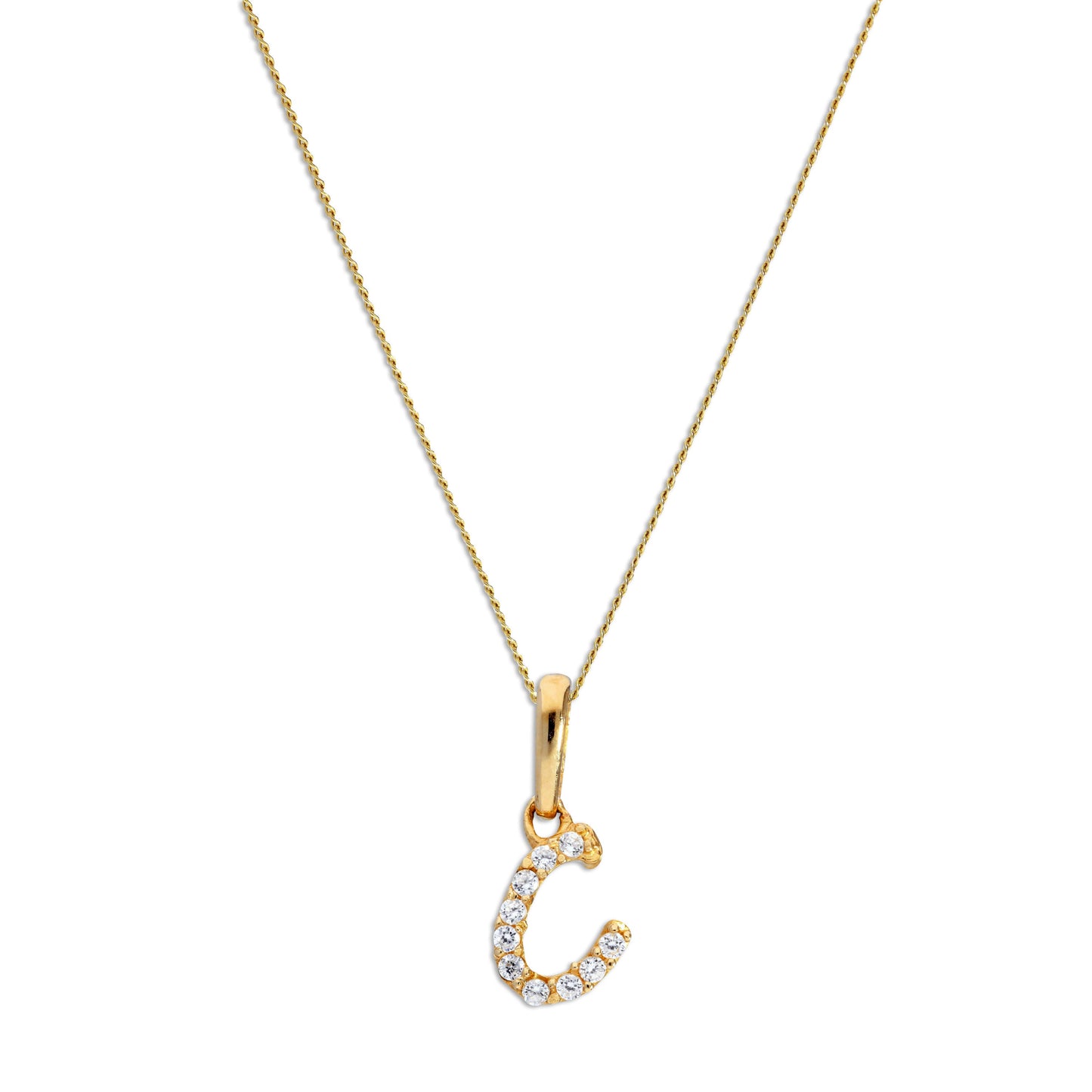 9ct Gold & Clear CZ Crystal Script Alphabet Letter C Necklace 16 - 20 Inches