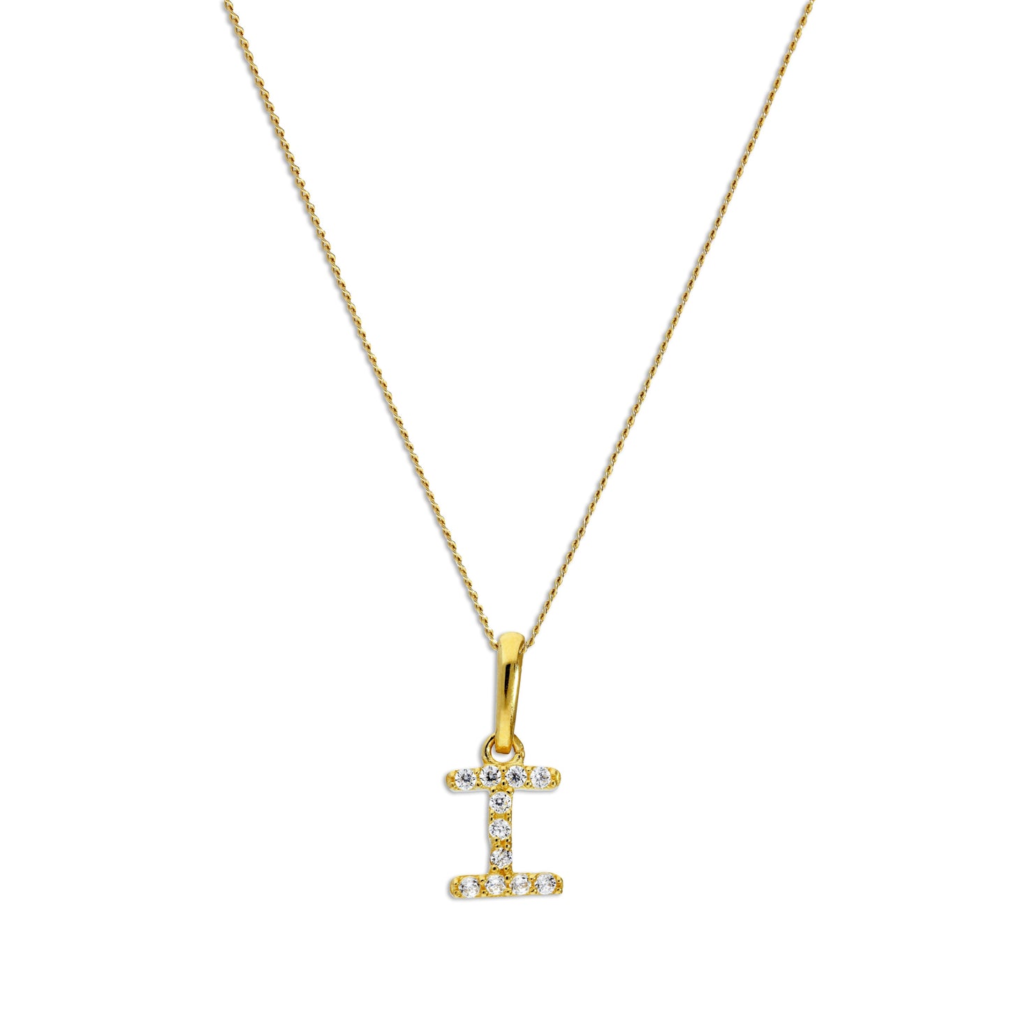 9ct Gold & Clear CZ Crystal Script Alphabet Letter I Necklace 16 - 20 Inches