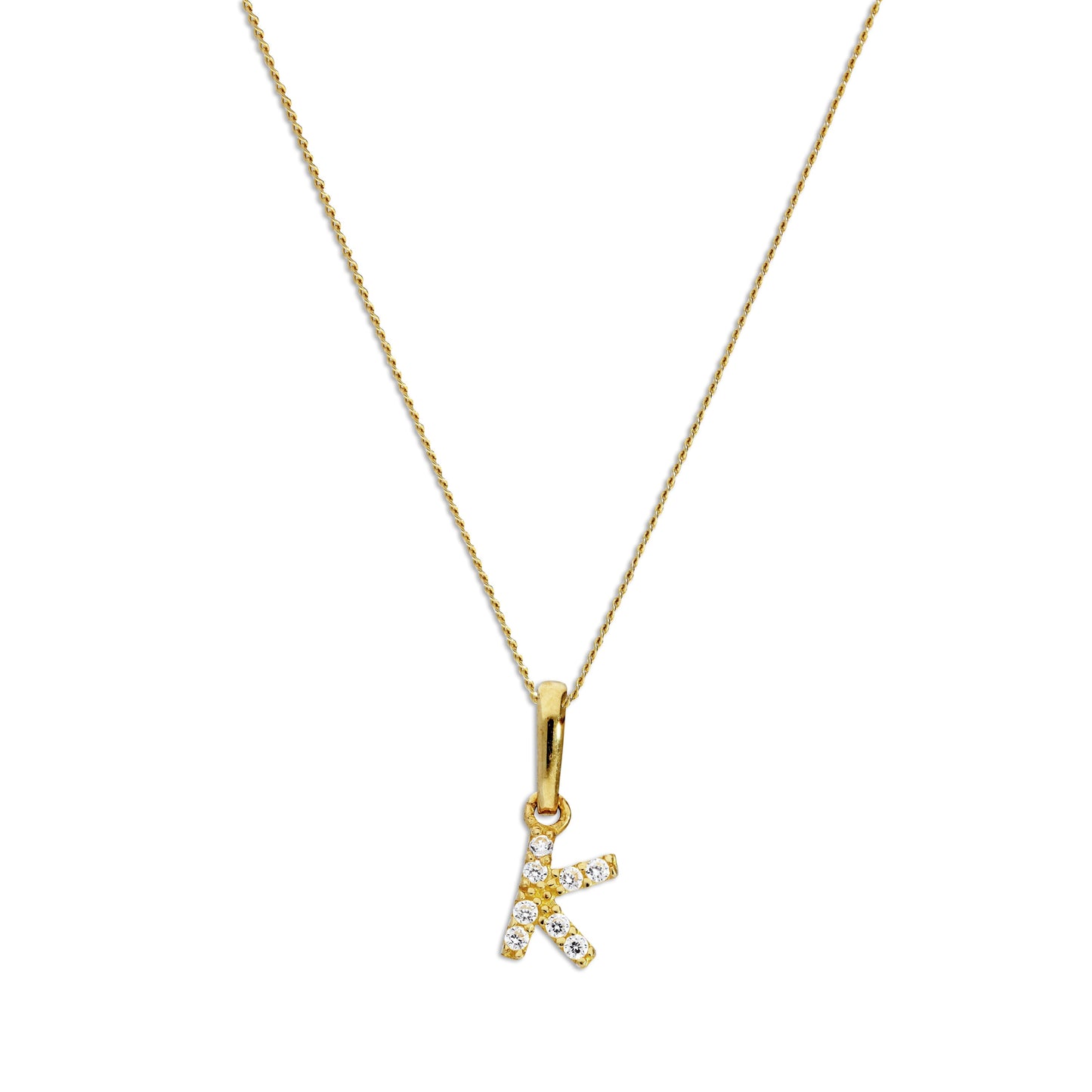9ct Gold & Clear CZ Crystal Script Alphabet Letter K Necklace 16 - 20 Inches