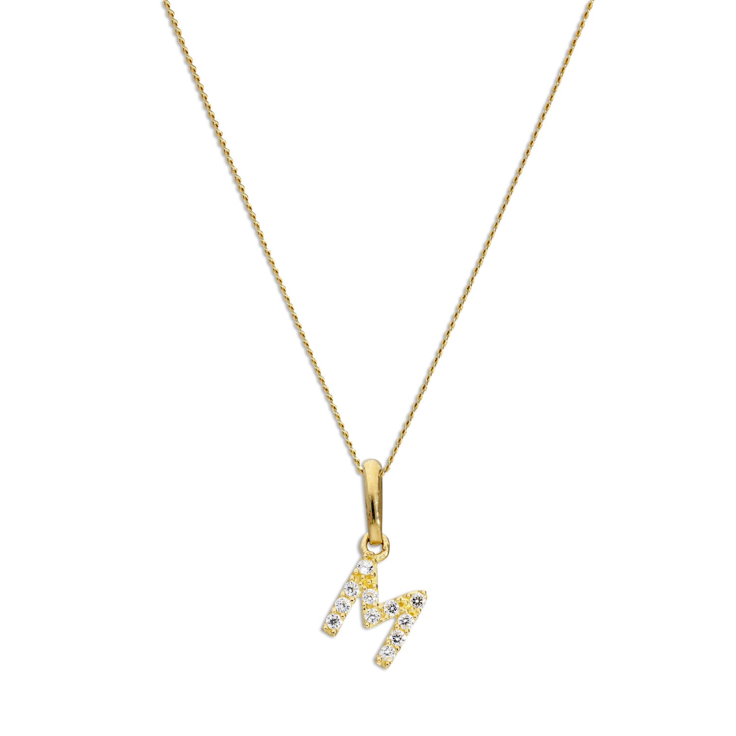9ct Gold & Clear CZ Crystal Script Alphabet Letter M Necklace 16 - 20 Inches
