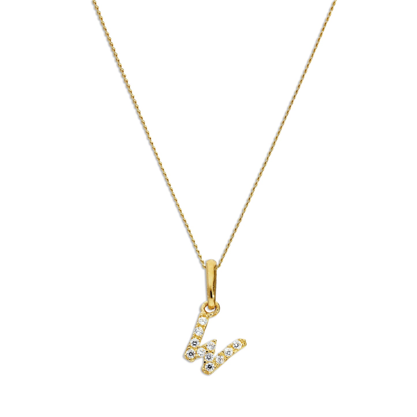 9ct Gold & Clear CZ Crystal Script Alphabet Letter W Necklace 16 - 20 Inches