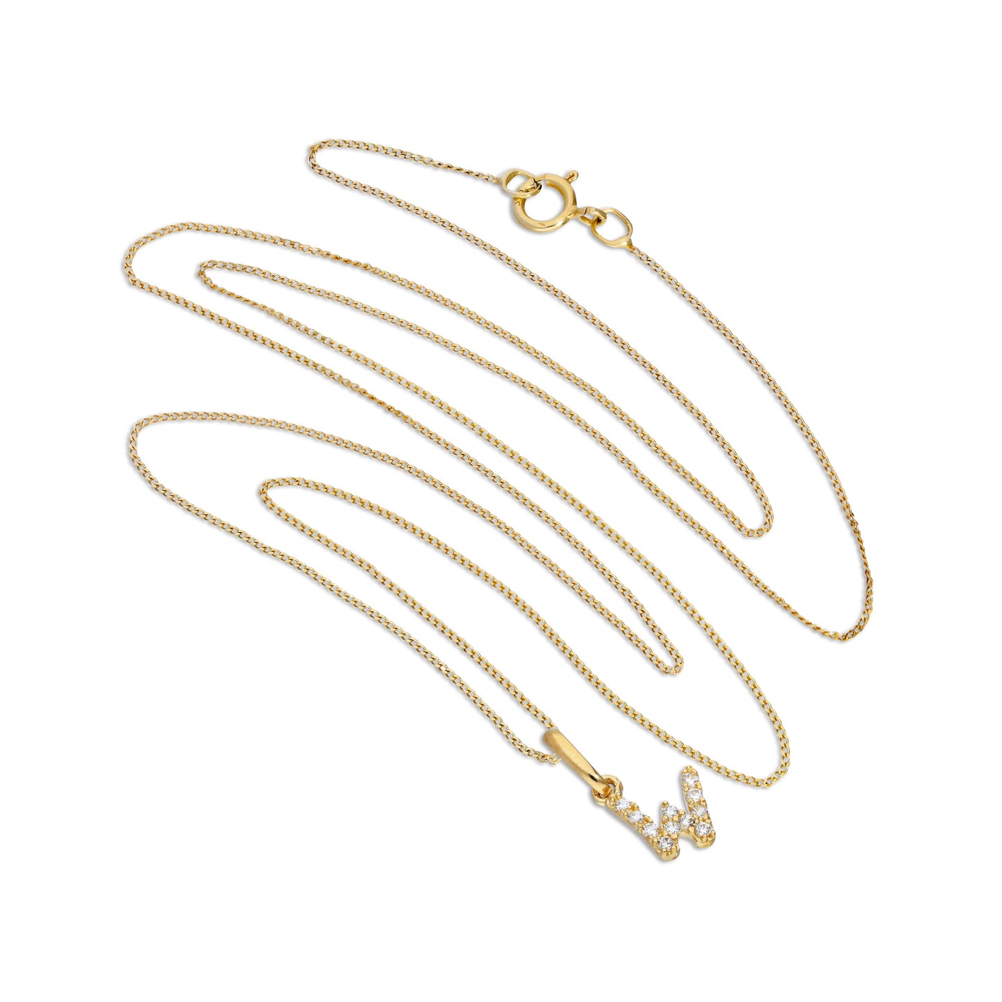 9ct Gold & Clear CZ Crystal Script Alphabet Letter W Necklace 16 - 20 Inches