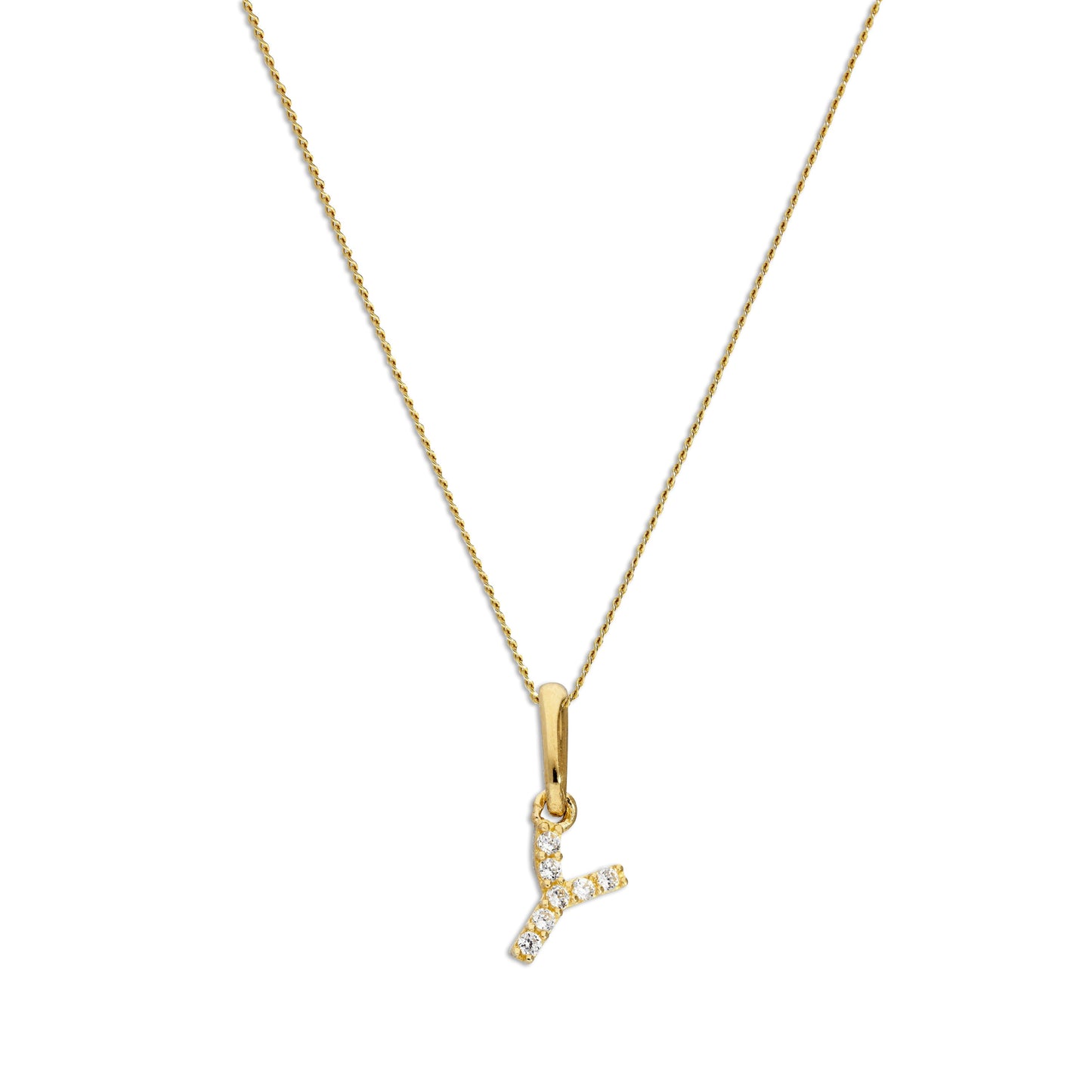 9ct Gold & Clear CZ Crystal Script Alphabet Letter Y Necklace 16 - 20 Inches
