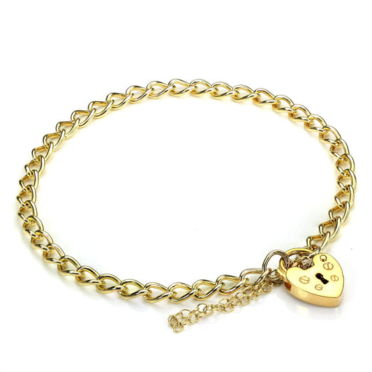 9ct Curb Heart Padlock Gold Charm Bracelet