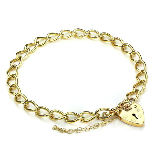 9ct Curb Gold Heart Padlock Charm Bracelet