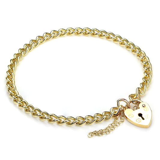 9ct Closed Curb Heart Padlock Charm Bracelet