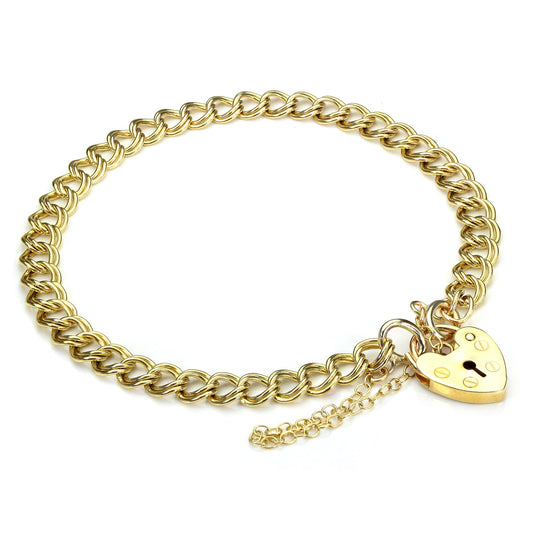9ct Double Curb Heart Padlock Gold Charm Bracelet