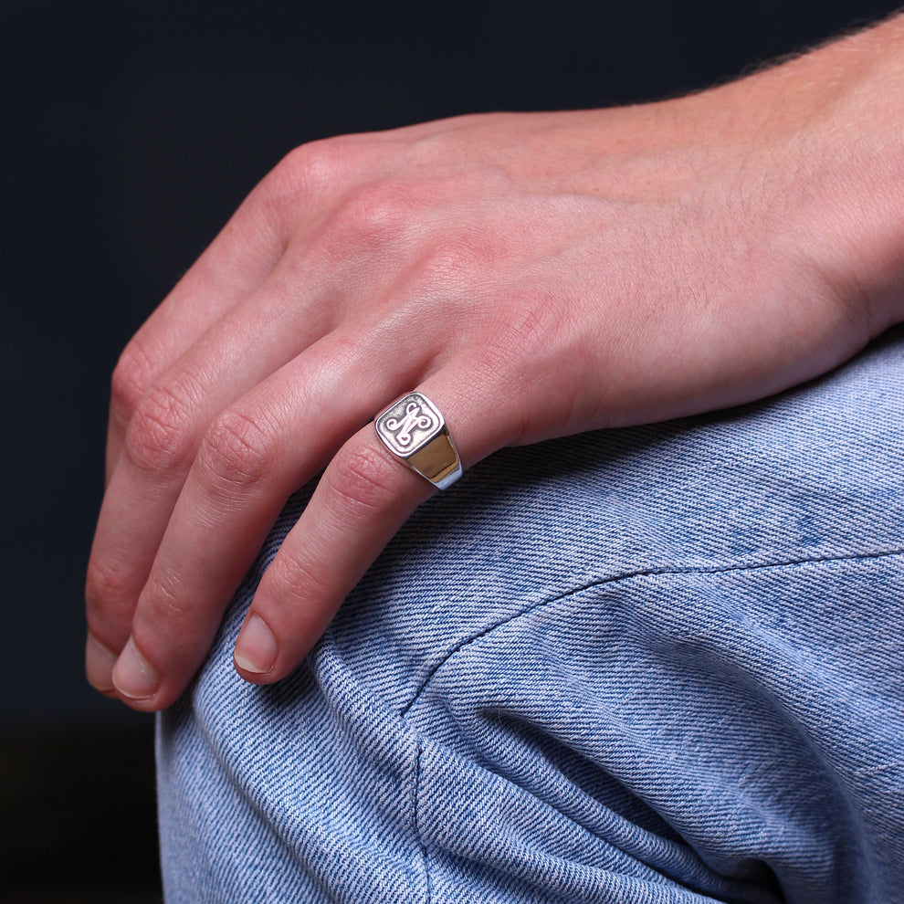 Sterling silver script monogram square signet ring