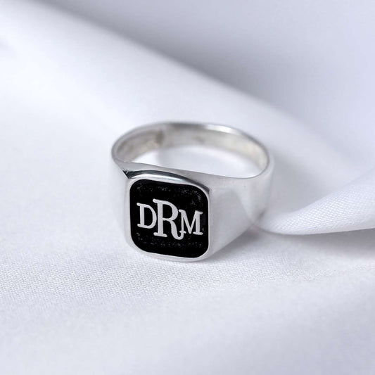 Sterling Silver Triple Monogram Square Signet Ring M - Z+1