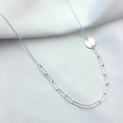 Sterling Silver Engravable Disc Long Hammered Link Necklace