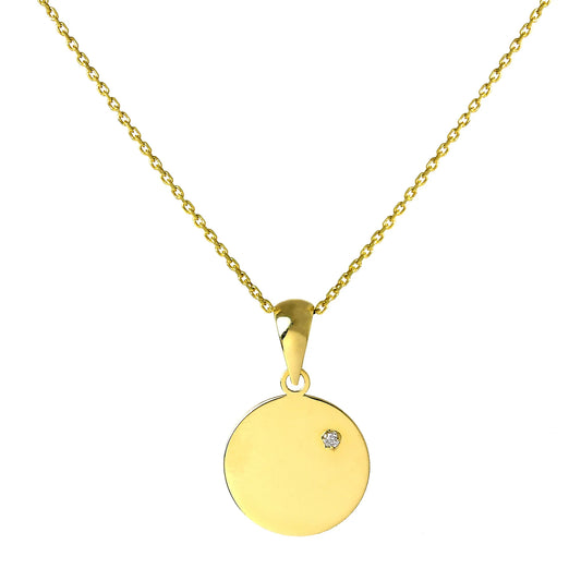 9ct Gold Engravable Round Pendant with Tiny CZ Crystal on 16 - 20 Inch Chain