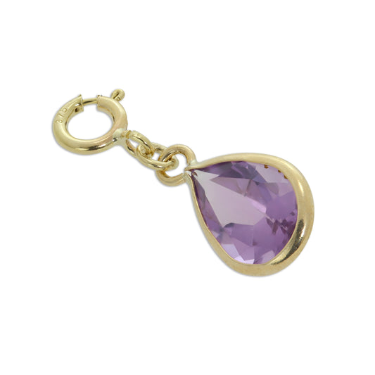 Large 9ct Gold & Amethyst CZ Teardrop Clip on Charm