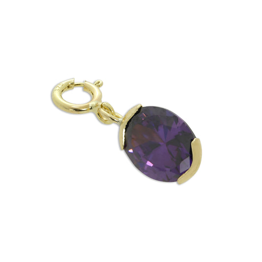 9ct Gold & Amethyst CZ Crystal Oval Clip on Charm