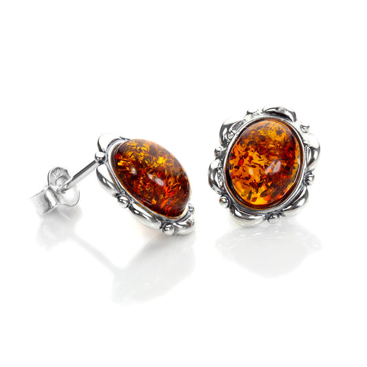 Sterling Silver & Baltic Amber Flower Set Stud Earrings