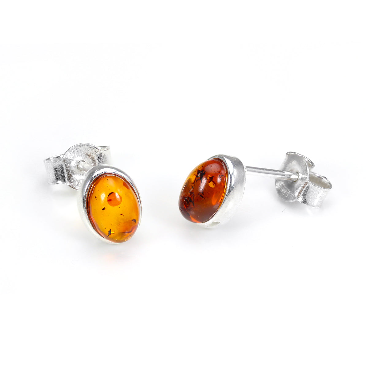 Small Sterling Silver & Baltic Amber Oval Stud Earrings