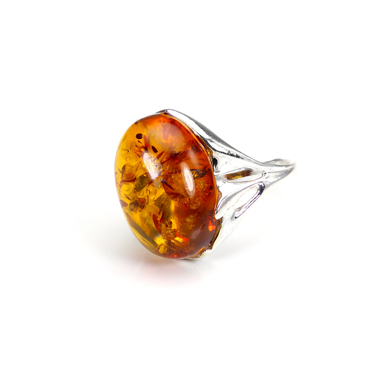 Sterling Silver & Large Baltic Amber Oval Ring - Sizes J - P