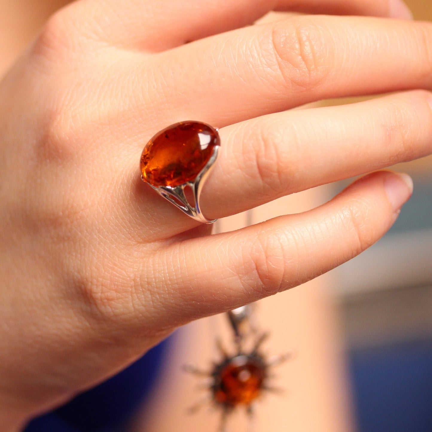 Sterling Silver & Large Baltic Amber Oval Ring - Sizes J - P