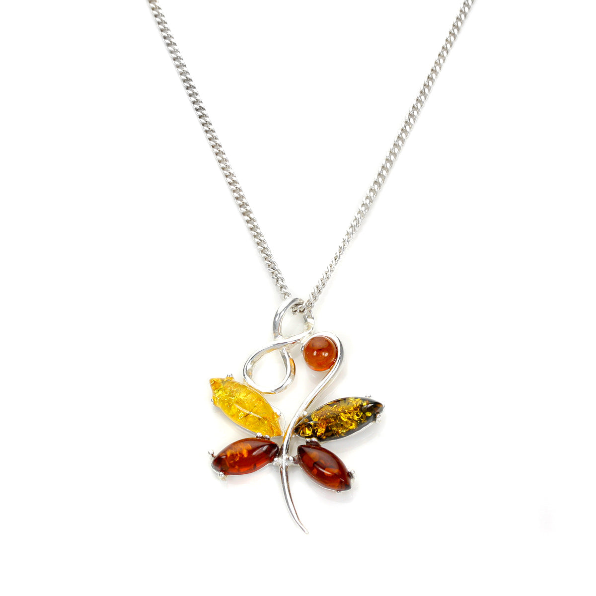 Sterling Silver & Multi Coloured Baltic Amber Butterfly Necklace
