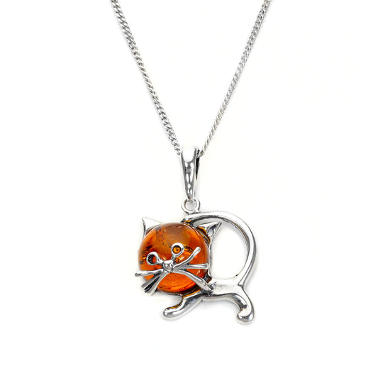 Sterling Silver & Baltic Amber Cat Pendant