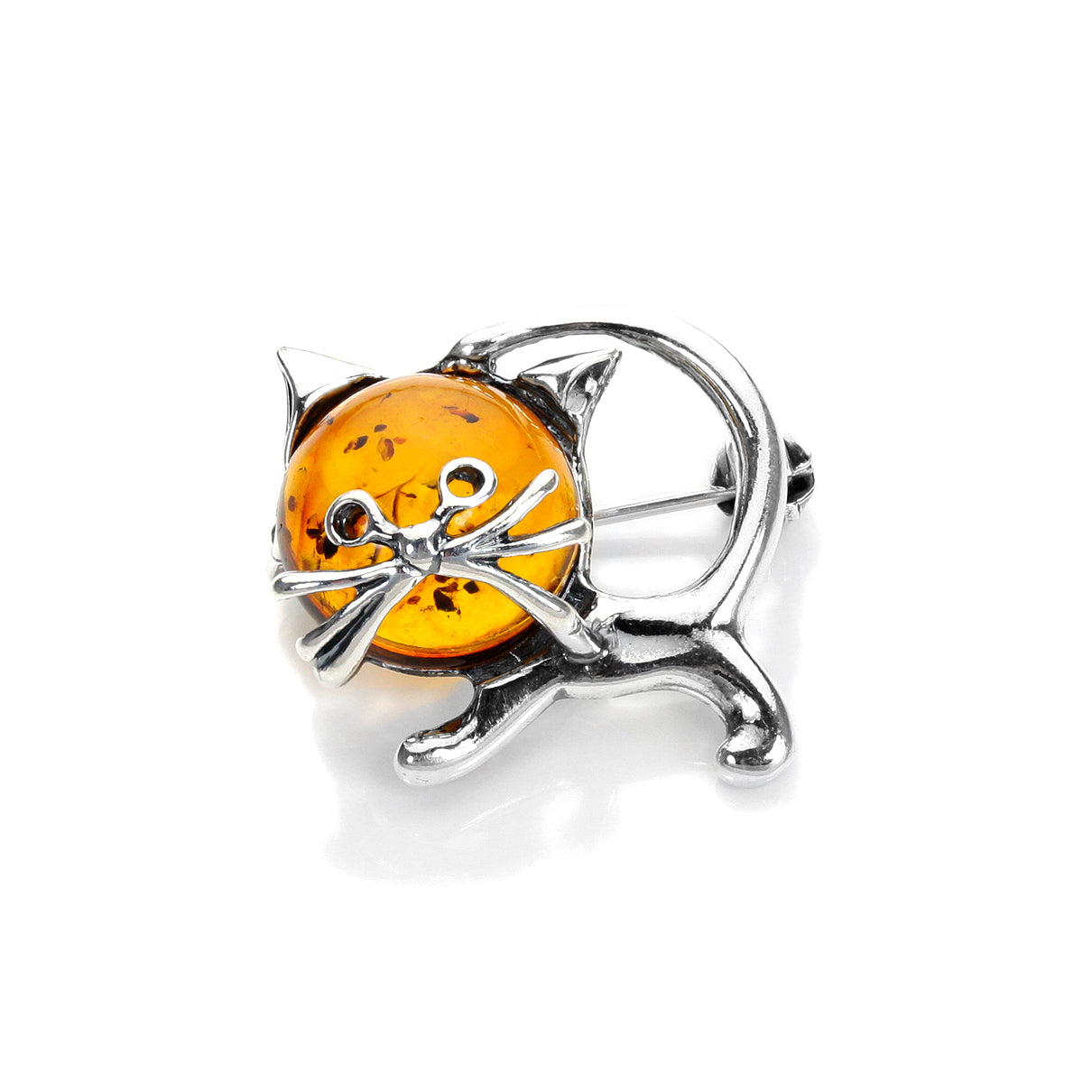 Sterling Silver & Baltic Amber Cat Brooch