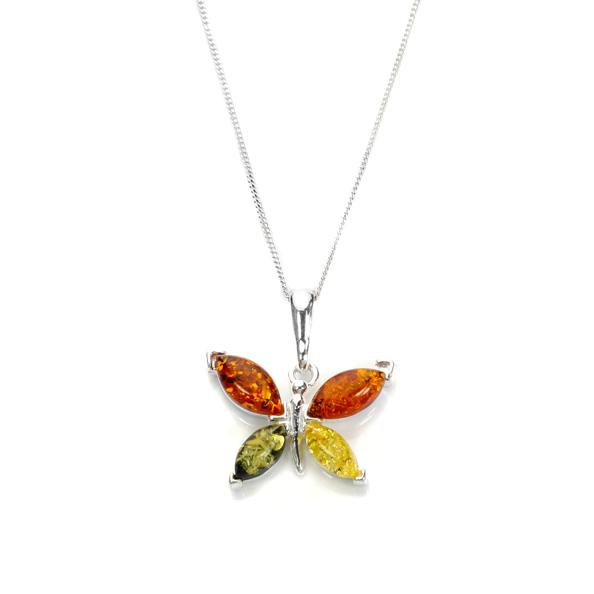 Sterling Silver & MultiColoured Baltic Amber Butterfly Pendant