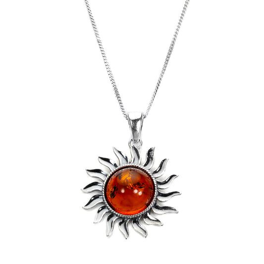 Large Sterling Silver & Baltic Amber Sun Pendant