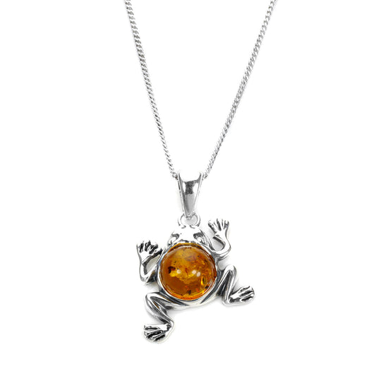 Sterling Silver & Baltic Amber Jumping Frog Pendant